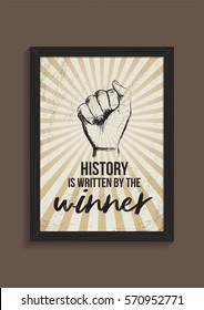 Victory concept with hand gesture. Power fist vector illustration in retro style. Motivational quote in frame.