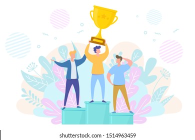 Victory concept - three people on a pedestal, win a prize, award or cup. Vector