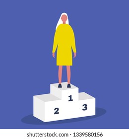 Victory conceptual illustration. Young female character standing on a pedestal / flat editable clip art illustration