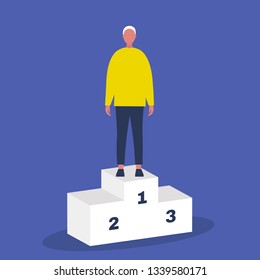 Victory conceptual illustration. Young male character standing on a pedestal / flat editable clip art illustration