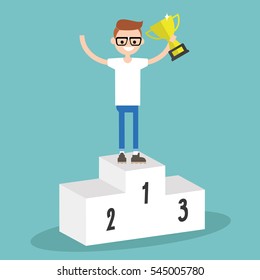 Victory conceptual illustration. Young nerd standing on the pedestal and holding a champion cup / flat editable clip art illustration