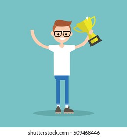 Victory conceptual illustration: young winner holding a champion cup / flat editable clip art illustration