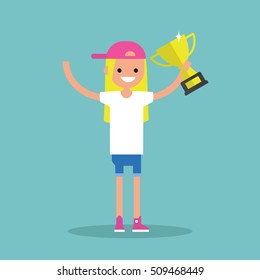 Victory conceptual illustration: young winner holding a champion cup / flat editable clip art illustration