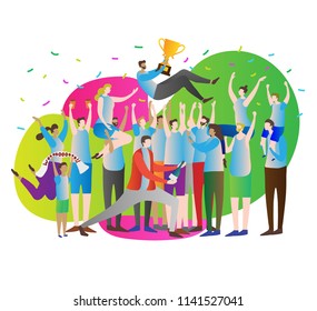 Victory crowd vector illustration. Team win championship or competition. Celebration and party. Athlete leader with gold cup and happy fans or supporters group with hands up. Champagne and confetti.