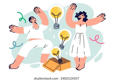 Victory dance of people who invented new brilliant ideas around box with flying light bulbs. Dance of happy guy and girl inspired by promising ideas and successfully completing teamwork.