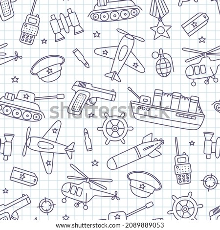 Victory day 9 may seamless pattern. Hand drawn background for Defender of the Fatherland Day 23 february. Kid drawing for army day. Doodle vector illustration on squared notebook background.