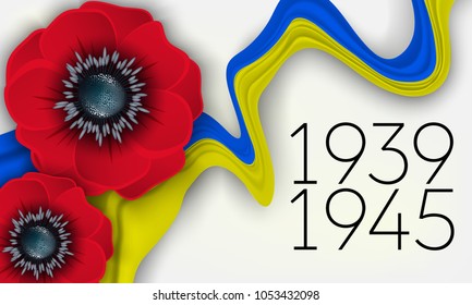 Victory Day card 9th May. Yellow blue ribbon colors of the national flag of Ukraine and poppy flower symbol of the memory of World War 2.  