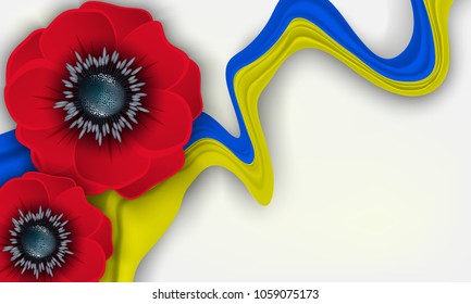 Victory Day card 9th May. Yellow blue ribbon colors of the national flag of Ukraine and poppy flower symbol of the memory of World War 2.  