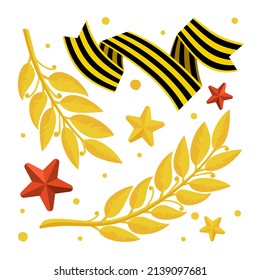 Victory Day May 9 symbols of the holiday Laurel branches stars St. George ribbon Vector 