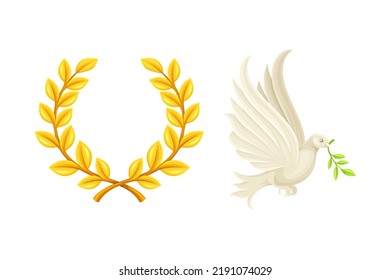 Victory Day May 9 Symbols with Dove Bringing Olive Twig and Golden Laurel Branch Wreath Vector Set