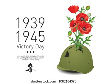 Victory Day in the Second World War. Red poppies grow from pierced military helmet. Vector