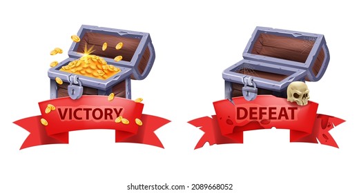 Victory defeat game badge, old gold chest, vector pirate treasure open trunk icon, full empty secret case. Corsair wooden ancient box, UI game over ribbon sign, coin pile, skull. Victory success badge