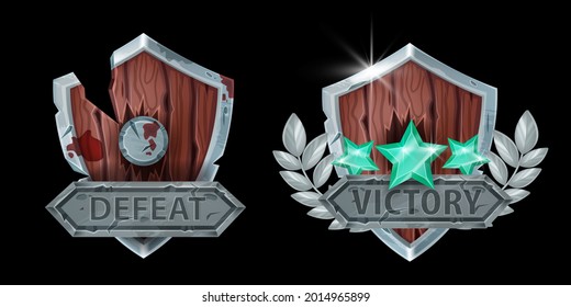 Insignia de juego de derrota de victoria, icono del ganador del vector, símbolo de batalla perdido, escudo de madera roto, signo de piedra. Corona de plata, estrellas de cristal, premio de medalla de rango superior, etiqueta de resultado del juego. Insignia de juego medieval