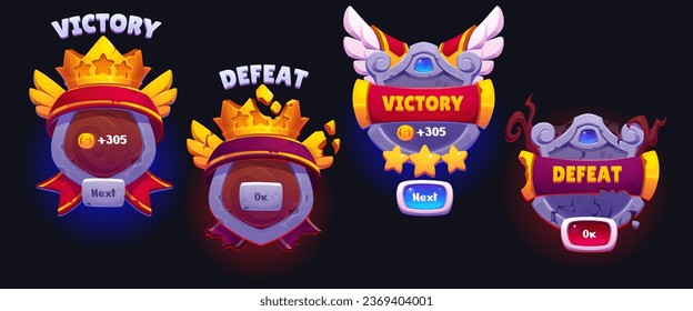 Victory and defeat game ui badges. Cartoon vector illustration set of win and lose interface labels. Successful and failure level completion with golden crown and wings in videogame or casino.