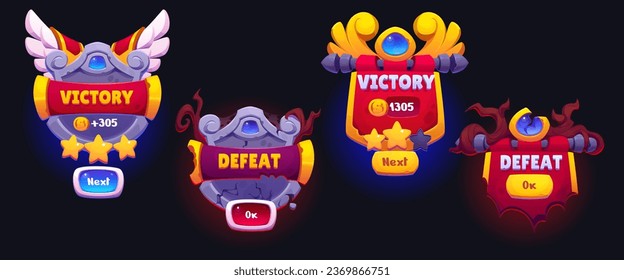 Victory and defeat game ui badges set isolated on black background. Vector cartoon illustration of win and fail medals with golden, silver wings, cracks, tree roots, score stars, ok and next buttons