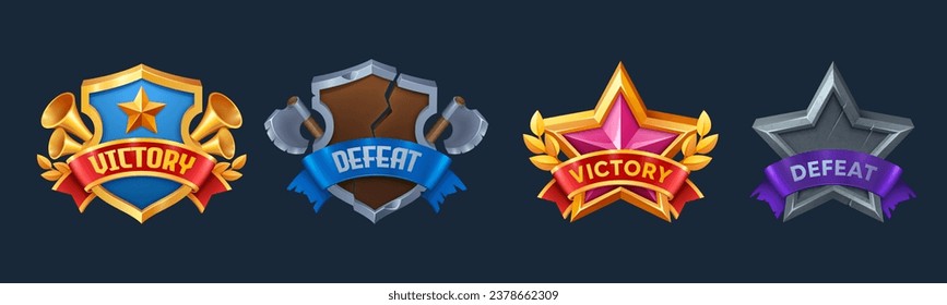 Victory and defeat game user interface badges. Cartoon vector set of win and lose labels with ribbons in form of shield and star. Success and fail in passing level or completing task result panel.