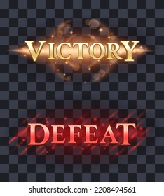 Victory and defeat text game notifications on a transparent background. Text notifications about the end of the game. Glowing flashes and sparkles. Eps10 vector