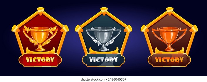 victory; design; award; vector; icon; progress; cartoon; cup; set; pentagon; bronze; silver; graphic; illustration; success; gold; frame; blue; 