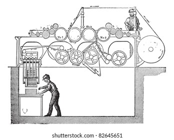 The Victory early web press, vintage engraving. Old engraved illustration of the Victory early web press with two workers operating it.  Trousset encyclopedia (1886 - 1891).