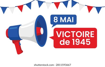 Victory in Europe Day 1945 Vector Illustration – 8 May Commemoration Banner with Megaphone and Bunting