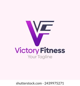 Plantilla de diseño del logotipo de Victory Finess: combinación de la letra V y el símbolo F. Este logotipo moderno inspirado en el alfabeto es perfecto para tecnología, negocios, organizaciones, marca personal y más.