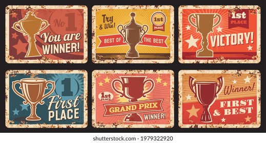 Victory First Place Metal Rusty Plates, Winner Cup Award, Vector Retro Posters. Grand Prix Champion Winner 1st Place Prize, Number One Gold Star Trophy, Contest Victory And Best Honor Medal