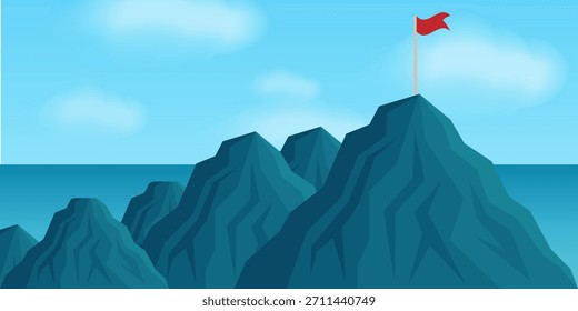 Bandera de la victoria en la cima de la montaña. Consecución de objetivos y concepto de éxito empresarial. 