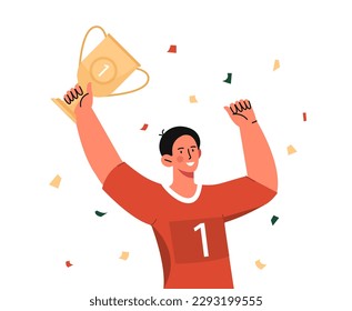 Victory football player. Man with golden cup of confetti. Young guy celebrating success and victory in tournament and competition. Reward and award. Cartoon flat vector illustration