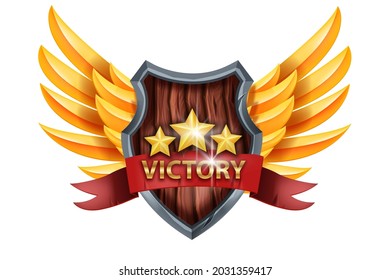 Victory game badge icon, UI vector trophy award, medieval shield, golden wings, star, red ribbon. Level up winner achievement, battle success bonus emblem, leadership RPG insignia. Game badge prize