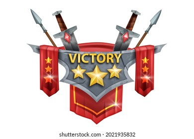 Victory game badge, vector level up winner award, medieval stone emblem, rating stars, red standard. Achievement reward medal, spear, knight sword, fantasy battle sign on white. RPG victory UI badge 