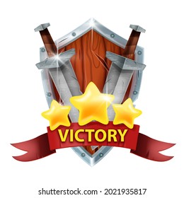 Siegesabzeichen, Gewinner des Vektorpreises, mittelalterlicher Holzschild, Schwert, Band, Sterne. UI Level up Leistung Medal, Meister Belohnung Führer Emblem, Fantasy-Ritter Schild. Siegesbadkonzept