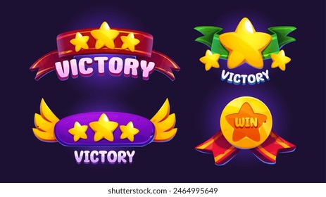 Victory game badges set isolated on background. Vector cartoon illustration of winner signs decorated with score stars, color ribbons, golden wings, success medal, gui avatar, casino design elements