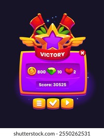 Victory game frame, banner or popup menu window. Vector award interface with golden star, assets and flags. Winner celebratory achievement reward bonus. Appreciation emblem, success celebration label