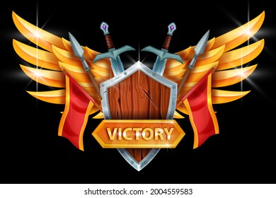 Icono del juego de victoria, ilustración del ganador del trofeo vectorial, alas doradas, escudo de madera, espadas de hierro, lanza. Nueva insignia de premio, elemento de interfaz de usuario de recompensa de batalla de RPG. Concepto de felicitación del juego de la victoria exitosa