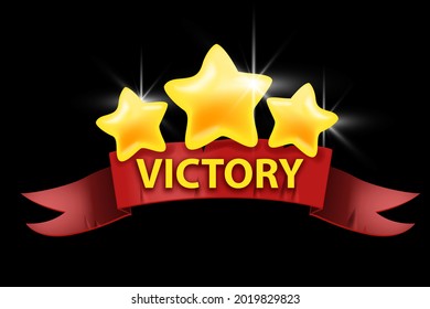 Victory game UI design element, vector winner cartoon icon, level up sign badge, red ribbon, gold stars. User interface level end award illustration, win celebration banner, bonus result. Victory game