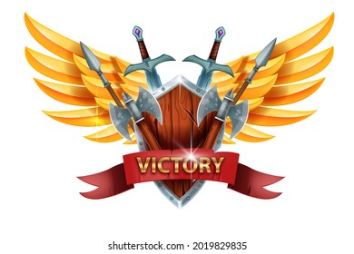 Victory game UI design sign, winner award achievement icon, knight sword, medieval axe, wooden shield. RPG fantasy warrior reward, heraldic user badge, golden wings. Fight victory game success logo