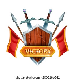 Victory game UI vector icon, winner sign interface design element, sword, wooden shield, flag, spear. Golden badge, user reward, medieval knight heraldic success concept. RPG victory award sign