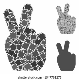 Victory gesture composition of abrupt parts in variable sizes and color tints, based on victory gesture icon. Vector tremulant elements are grouped into composition.