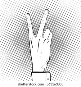 Victory gesture. Hand victory sign. Two fingers up. Victory sign. Victory celebrating. Concept idea of advertisement and promo. Halftone background. Pop art retro style illustration. 