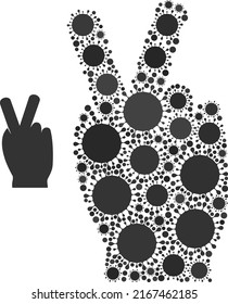 Victory gesture mosaic icon. Vector collage created of randomized Covid-2019 parts. Covid-2019 mosaic victory gesture icon. Victory gesture mosaic for breakout images.