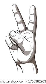 Victory gesture with two fingers of men's palm counting two, hand drawn vector illustration in contrast grayscale cartoon style
