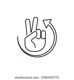 Victory gesture with upward moving arrow. Vector linear icon isolated on white background.