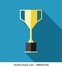 Victory gold cup with long shadow in flat style on blue background. Victory, success, competition, prize concept. EPS 10 vector, no transparency