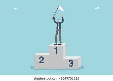 Сoncept of victory and great success, path to achieve excellence in work, achieving getting career promotion, accuracy in setting goals, high results, receive rewards, man on top of podium with flag.
