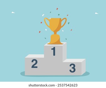 Сoncept of victory and great success, planning path to achieve excellence in work, achieving getting career promotion, accuracy in setting goals, high results, receive rewards, pedestal with trophy.