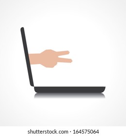 Victory hand  comes from laptop screen stock vector