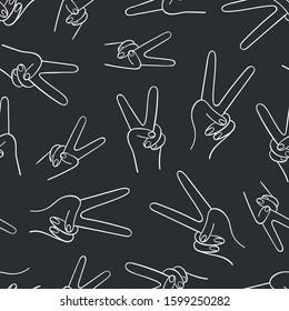 Victory Hand emoji. Vector background. Handmade seamless pattern with modern illustrations of Peace finger sign. Hipsters ornament. Simple repeating doodle. Memphis texture backdrop for flat design.