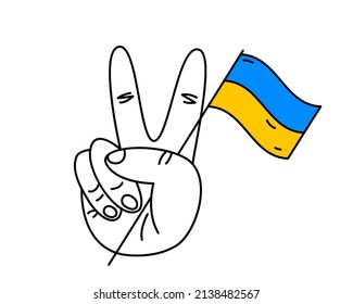Victoria, gesto a mano sobre el fondo de la bandera de Ucrania. Se levantan dos dedos. Paz, signo de libertad o icono. Ilustración del vector