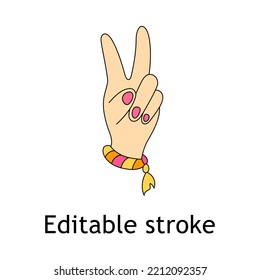 Victory hand gesture, retro 70s groovy stickers. Hippie V hand with friendship bracelet - isolated vector