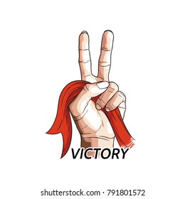 Victory hand hold red ribbon